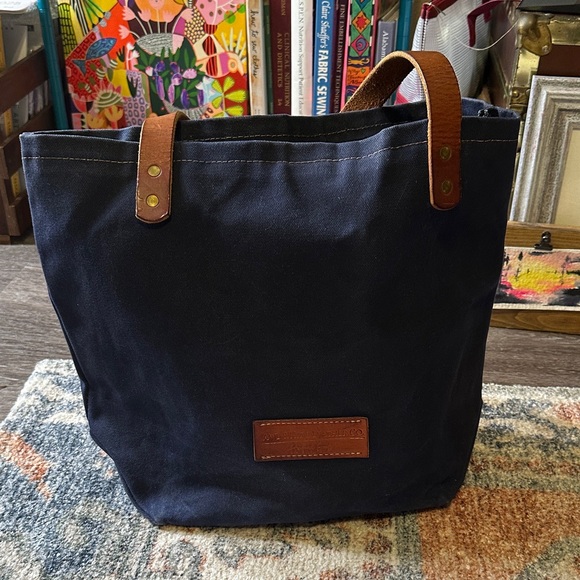 Navy Tote Bag with Brown Handles - Picture 3 of 6